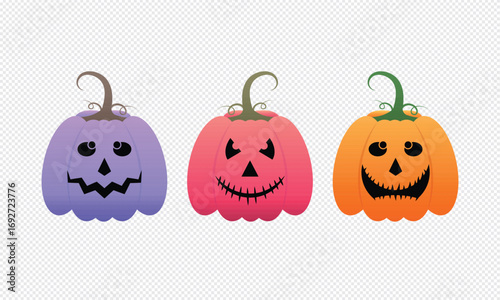 Three colourful halloween pumpkins vector with carved faces