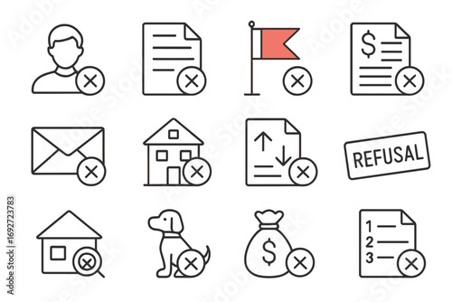 Rental Application Icons. Line style icons of rental application rejections: declined tenant application, rejected lease, red flag
