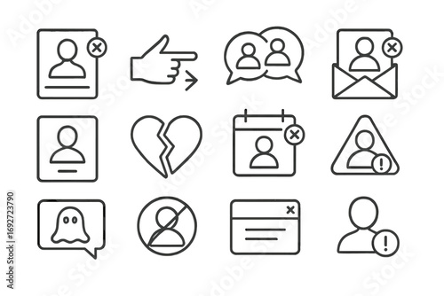 Dating App Rejection Icons. Line style icons of dating app rejections: unmatched profile, swipe left hand, no connection bubble,