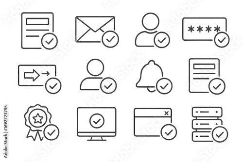 User Registration Icons. Line style icons of user registration approvals: sign-up form accepted, email confirmed input, verified