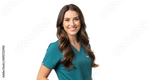 Beautiful Smiling Female Medical Professional in Teal Scrubs, Studio Portrait