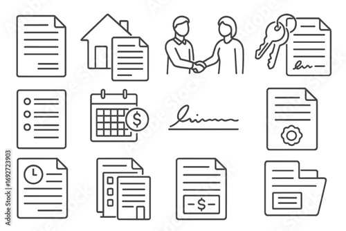 Rental Agreement Icons. Line style icons of rental agreements: rental contract icon, house with document, landlord and tenant