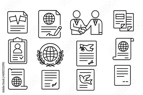 International Agreements Icons. Line style icons of international agreements: country flags over document, signed global pact,