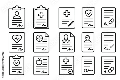 Healthcare Contracts Icons. Line style icons of healthcare contracts: patient treatment agreement, hospital admission form,