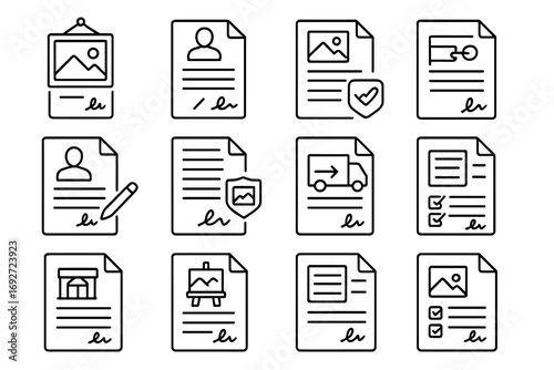 Art Contracts Icons. Line style icons of art gallery contracts: exhibition agreement file, artist gallery representation form,