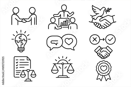 Conflict Resolution Icons. Line style icons of conflict resolution negotiations: people shaking hands, mediator with chart,