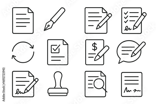 Contract Negotiation Icons. Line style icons of contract negotiations: unsigned agreement form, negotiation pen icon, document