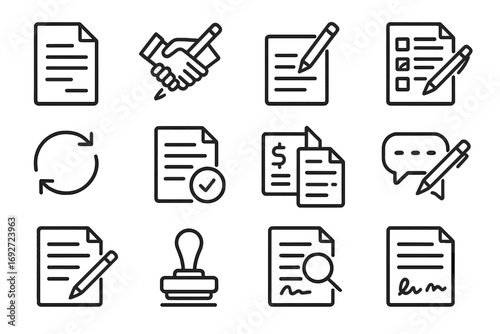 Contract Negotiation Icons. Line style icons of contract negotiations: unsigned agreement form, negotiation pen icon, document