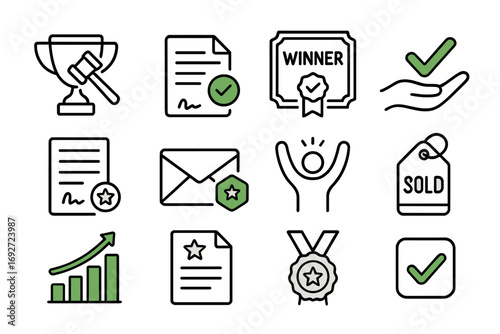 Winning Bids Icons. Line style icons of winning bids: gold trophy with gavel, approved bid paper, winner certificate icon,