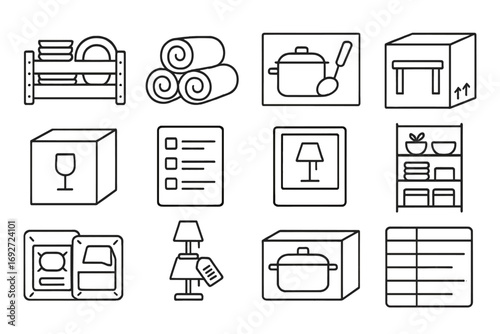 Wholesale Home Goods Icons. Line style icons of wholesale home goods: crates of dishes, bulk towel rolls, kitchen set box,