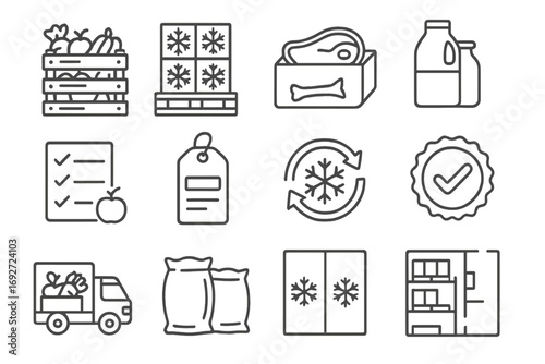 Wholesale Food Icons. Line style icons of wholesale food supply: crates of produce, frozen goods pallet, wholesale meat box, dairy