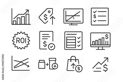 Dropshipping Strategy Icons. Line style icons of dropshipping profit strategy: profit margin calculation chart, product price