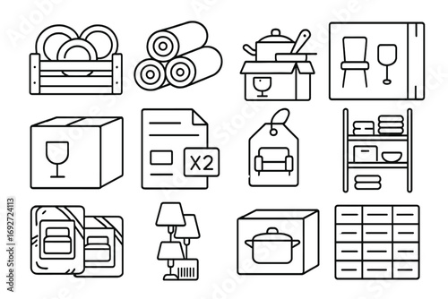 Wholesale Home Goods Icons. Line style icons of wholesale home goods: crates of dishes, bulk towel rolls, kitchen set box,