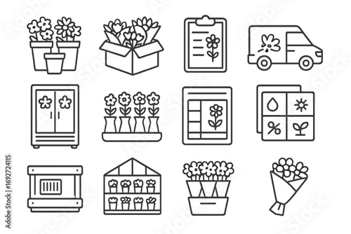 Wholesale Flower Icons. Line style icons of wholesale flower supply: flower buckets in bulk, boxed bouquets, floral order form,