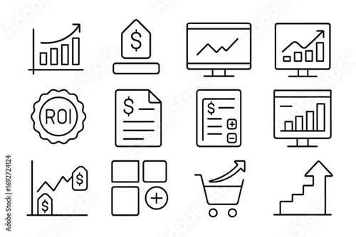 Dropshipping Strategy Icons. Line style icons of dropshipping profit strategy: profit margin calculation chart, product price