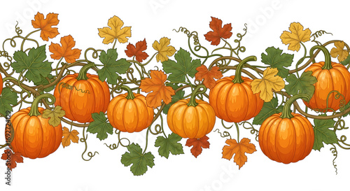 Seamless pattern of pumpkins and autumn leaves on a transparent background