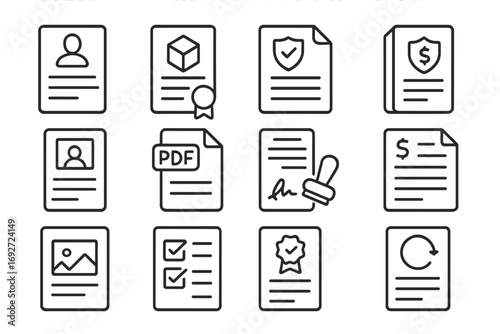 Dropshipping Document Icons. Line style icons of dropshipping documentation: business registration form, resale certificate icon,
