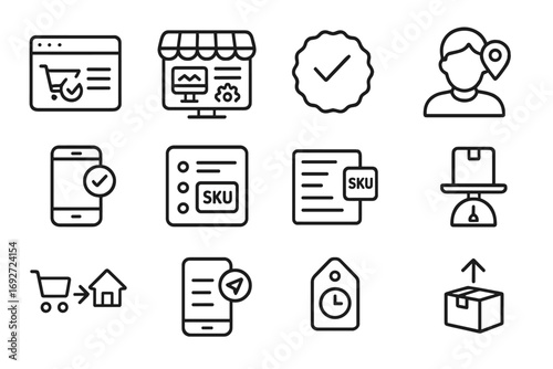E-commerce Icons Design. Line style icons of e-commerce fulfillment: online order form icon, storefront dashboard, payment