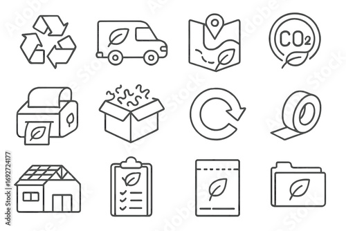 Eco-Friendly Fulfillment Icons. Line style icons of eco-friendly fulfillment: recyclable packaging icon, green delivery van,