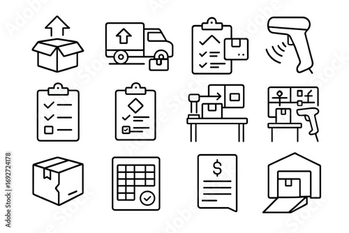 Warehouse Receiving Icons. Line style icons of warehouse receiving process: inbound goods icon, truck unloading scene, received
