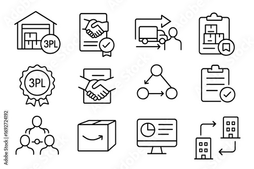 3PL Logistics Icons. Line style icons of third-party logistics (3PL): warehouse with 3PL tag, outsourced shipping contract,