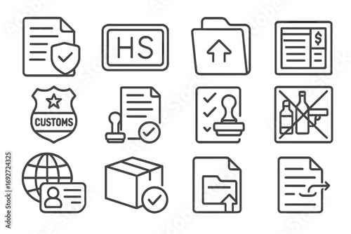 Customs & Compliance Icons. Line style icons of customs and compliance in shipping: customs declaration icon, HS code label,