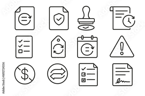 Exchange Policy Icons. Line style icons of policy and terms for exchanges: exchange policy document, terms and conditions icon,