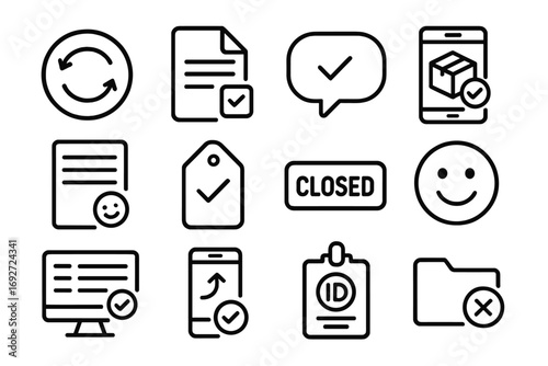 Exchange Confirmation Icons. Line style icons of exchange confirmation and closure: exchange complete badge, resolved file icon,