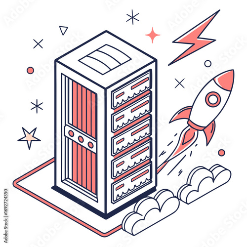 Isometric server rack with rocket launching