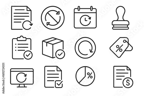 Refund Policy Icons. Line style icons of refund policies: refund terms document, no refund sign, refund period calendar, policy