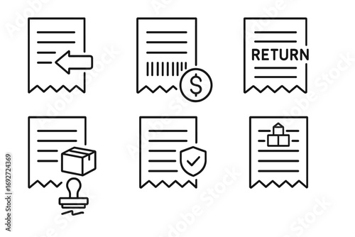 Return and Refund Icons. Line style icons of refund and return receipts: receipt with return label, refund barcode icon, receipt
