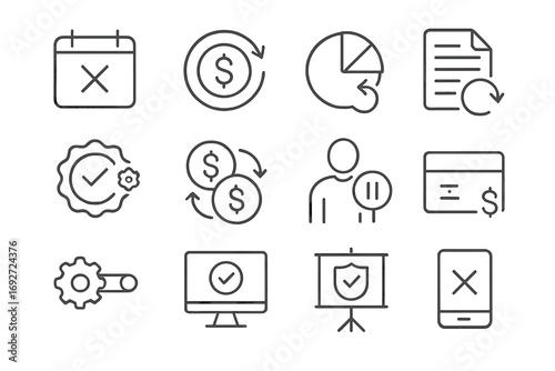Subscription Refund Icons. Line style icons of subscription refund scenarios: subscription cancel icon, refund for unused time,