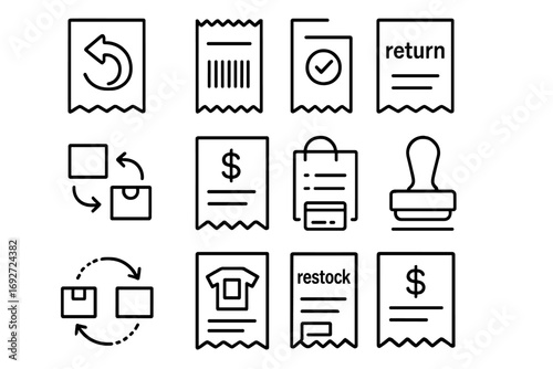 Return and Refund Icons. Line style icons of refund and return receipts: receipt with return label, refund barcode icon, receipt