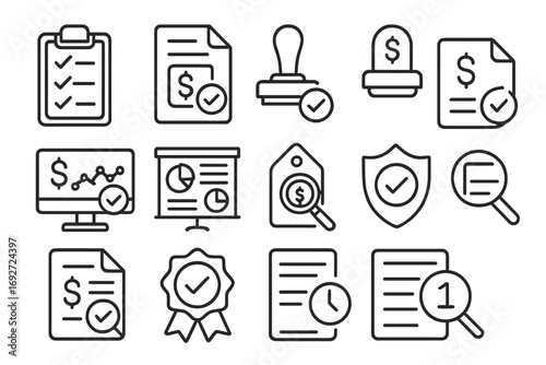 Refund Audit Icons. Line style icons of refund audits and controls: audit checklist icon, refund history file, review stamp,