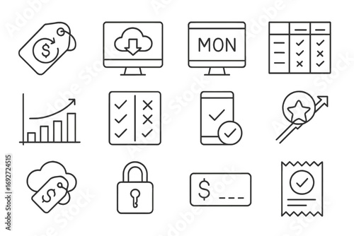 SaaS Subscription Line Icons. Line style icons of SaaS and subscription sales: recurring billing tag, software subscription icon,