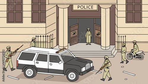 A detailed scene showing Pakistani police officers escorting an accused criminal in handcuffs from a black and white police van into a courthouse. The accused is wearing simple shalwar kameez and look