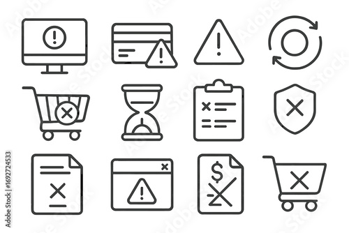 Failed Purchase Icons. Line style icons of failed purchases: error message icon, card declined alert, insufficient funds triangle,