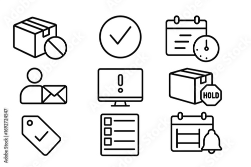 Backorder Icons Collection. Line style icons of backorders: item out of stock icon, backorder status badge, future delivery
