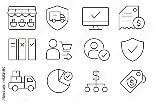 Market Orders Icons. Line style icons of marketplace orders: multi-seller order icon, third-party shipping badge, vendor