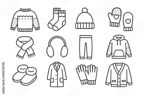 Winter Clothing Icons. Line style icons of cozy winter clothing: sweater, wool socks, beanie, mittens; scarf, earmuffs, thermal