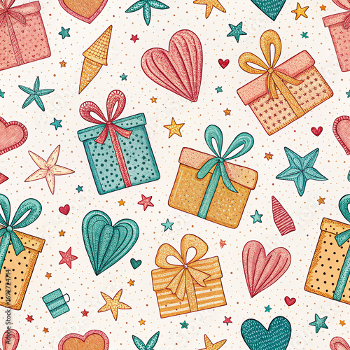 Nahtloses Muster mit Geschenken, Herzen und Sternen im festlichen Handgezeichneten Stil