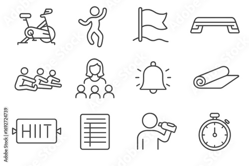 Fitness Class Icons. Line style icons of group fitness classes: spin bike, Zumba dance, bootcamp flag, aerobic step; group