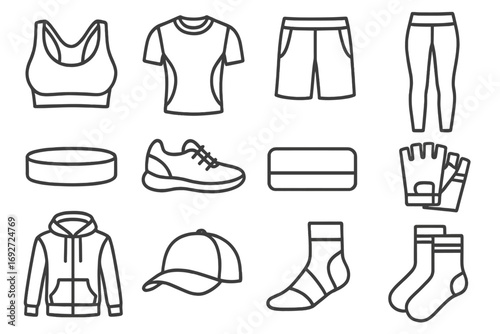 Sportswear Icons Collection. Line style icons of sportswear and gear: sports bra, compression shirt, training shorts, leggings;