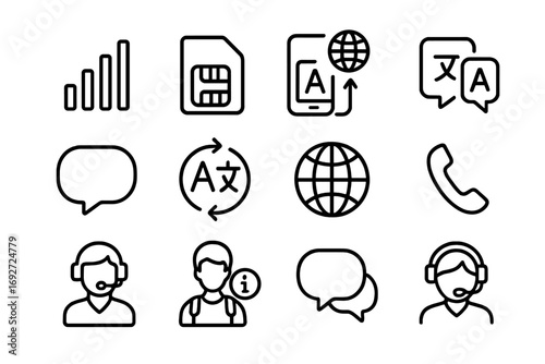 Travel Communication Icons. Line style icons of travel communication tools: mobile signal, SIM card, roaming icon, translator