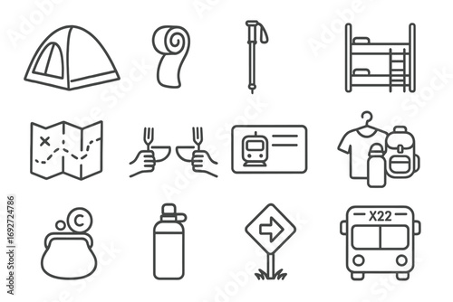 Backpacker Essentials Icons. Line style icons of backpacker and budget travel: compact tent, rolled mat, hiking pole, hostel bed;