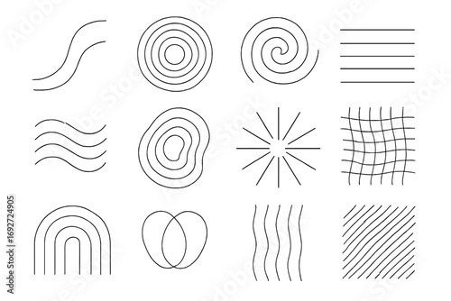 Abstract Line Icons. Line style icons of linear abstract forms: curved lines, concentric rings, spiral wave, parallel bars;