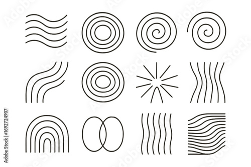 Abstract Line Icons. Line style icons of linear abstract forms: curved lines, concentric rings, spiral wave, parallel bars;