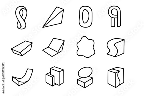 Abstract Form Icons. Line style icons of sculptural abstract forms: oval twist, sharp wedge, hollow shape, looped pillar; cut slab