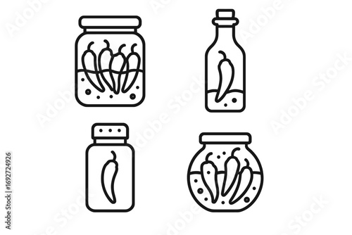 Pepper Preservation Icons. Line style icons of peppers in jars and bottles: pickled pepper jar, pepper oil bottle, spice container