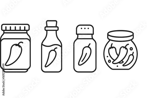 Pepper Preservation Icons. Line style icons of peppers in jars and bottles: pickled pepper jar, pepper oil bottle, spice container